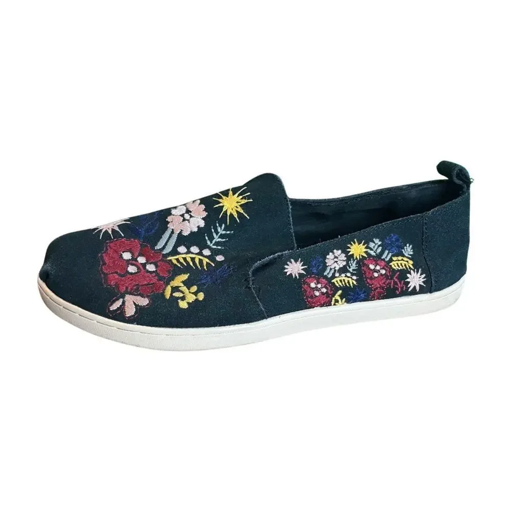 TOMS Alpargata Black Suede Floral Embroidered Slip On Flats Size 8.5 Boho